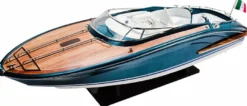 Casa Padrino Luxus Speedboot mit Massivholz Ständer Blau / Weiß / Braun 91 cm - Handgefertigtes Deko Holzboot Modellboot Boot