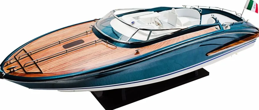 Casa Padrino Luxus Speedboot mit Massivholz Ständer Blau / Weiß / Braun 91 cm - Handgefertigtes Deko Holzboot Modellboot Boot