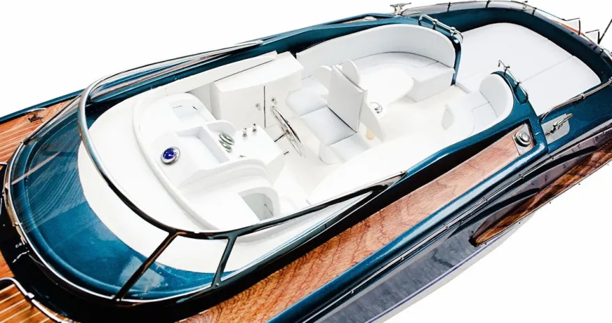 Casa Padrino Luxus Speedboot mit Massivholz Ständer Blau / Weiß / Braun 91 cm - Handgefertigtes Deko Holzboot Modellboot Boot