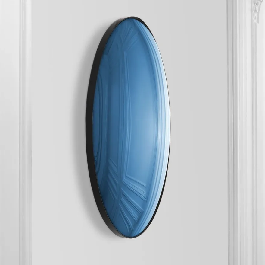 Casa Padrino Luxus Spiegel Blau / Schwarz Ø 91 cm - Runder konvexer Wandspiegel - Luxus Möbel