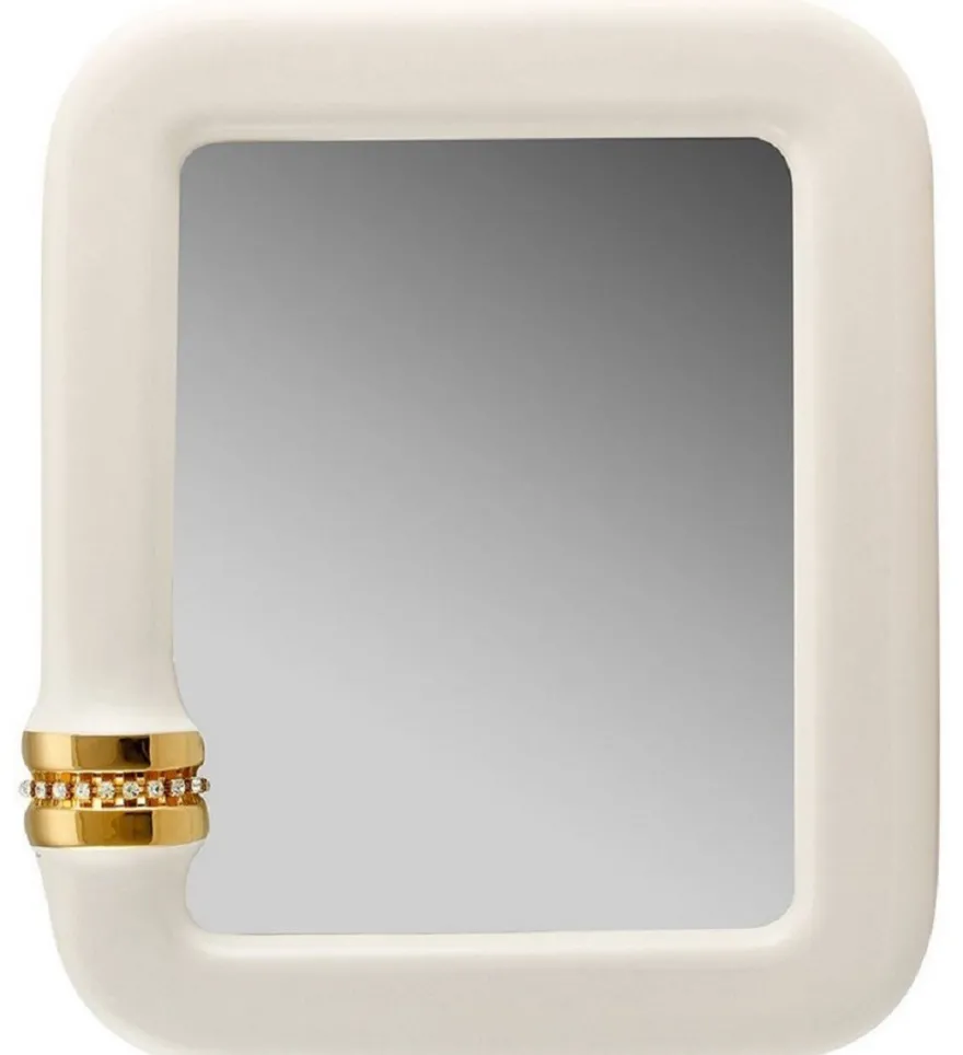 Casa Padrino Luxus Spiegel Elfenbeinfarben / Gold 70 x 8 x H. 80 cm - Rechteckiger Keramik Wandspiegel mit Kristallglas Kette - Luxus Qualität