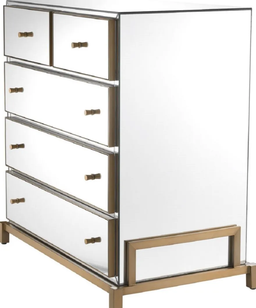Casa Padrino Luxus Spiegelglas Kommode mit 5 Schubladen Messingfarben 88,5 x 52 x H. 87,5 cm - Verspiegelter Schlafzimmer Schrank - Schlafzimmer Möbel
