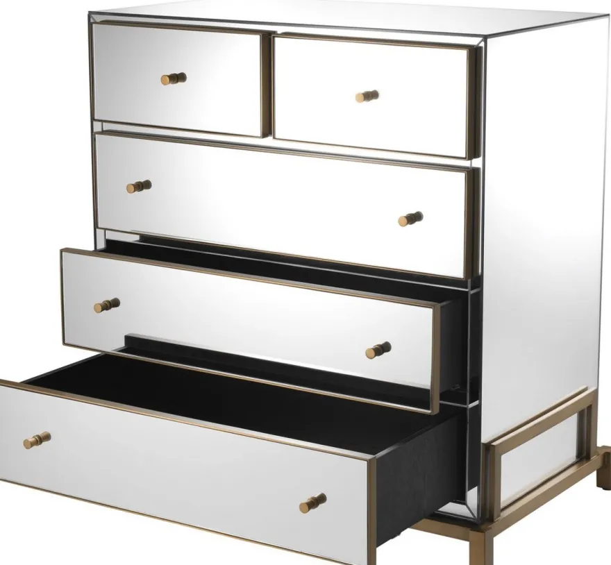 Casa Padrino Luxus Spiegelglas Kommode mit 5 Schubladen Messingfarben 88,5 x 52 x H. 87,5 cm - Verspiegelter Schlafzimmer Schrank - Schlafzimmer Möbel