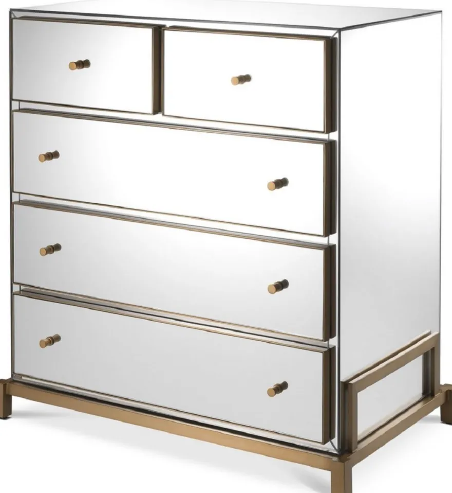 Casa Padrino Luxus Spiegelglas Kommode mit 5 Schubladen Messingfarben 88,5 x 52 x H. 87,5 cm - Verspiegelter Schlafzimmer Schrank - Schlafzimmer Möbel