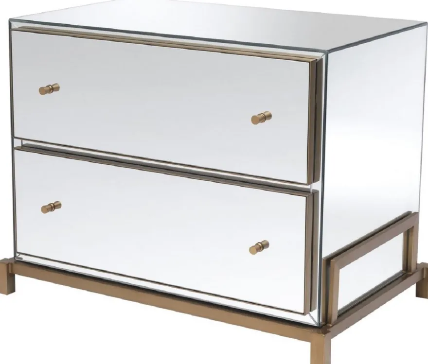 Casa Padrino Luxus Spiegelglas Nachttisch Messingfarben 81,5 x 52 x H. 62 cm - Verspiegelte Nachtkommode mit 2 Schubladen - Schlafzimmer Möbel
