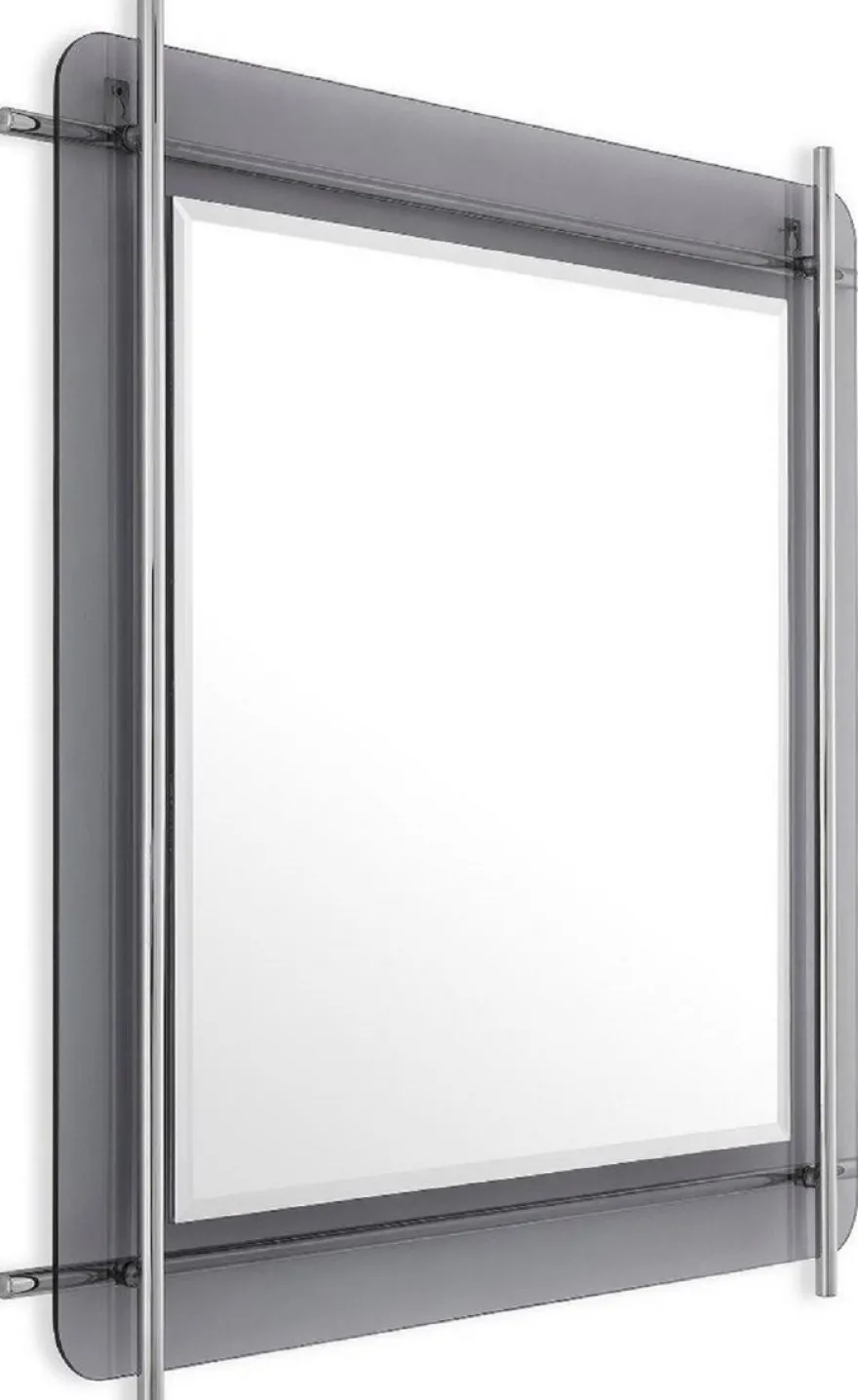 Casa Padrino Luxus Spiegel Silber / Grau 85,5 x 5 x H. 85,5 cm - Quadratischer Wandspiegel mit grau getöntem Glasrand und Edelstahl Stangen - Luxus Kollektion