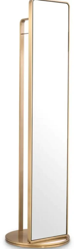 Casa Padrino Luxus Standspiegel mit Garderobenständer Messing Ø 55,5 x H. 201 cm - Freistehender drehbarer Spiegel mit Kleiderständer - Luxus Garderoben Möbel - Luxus Qualität