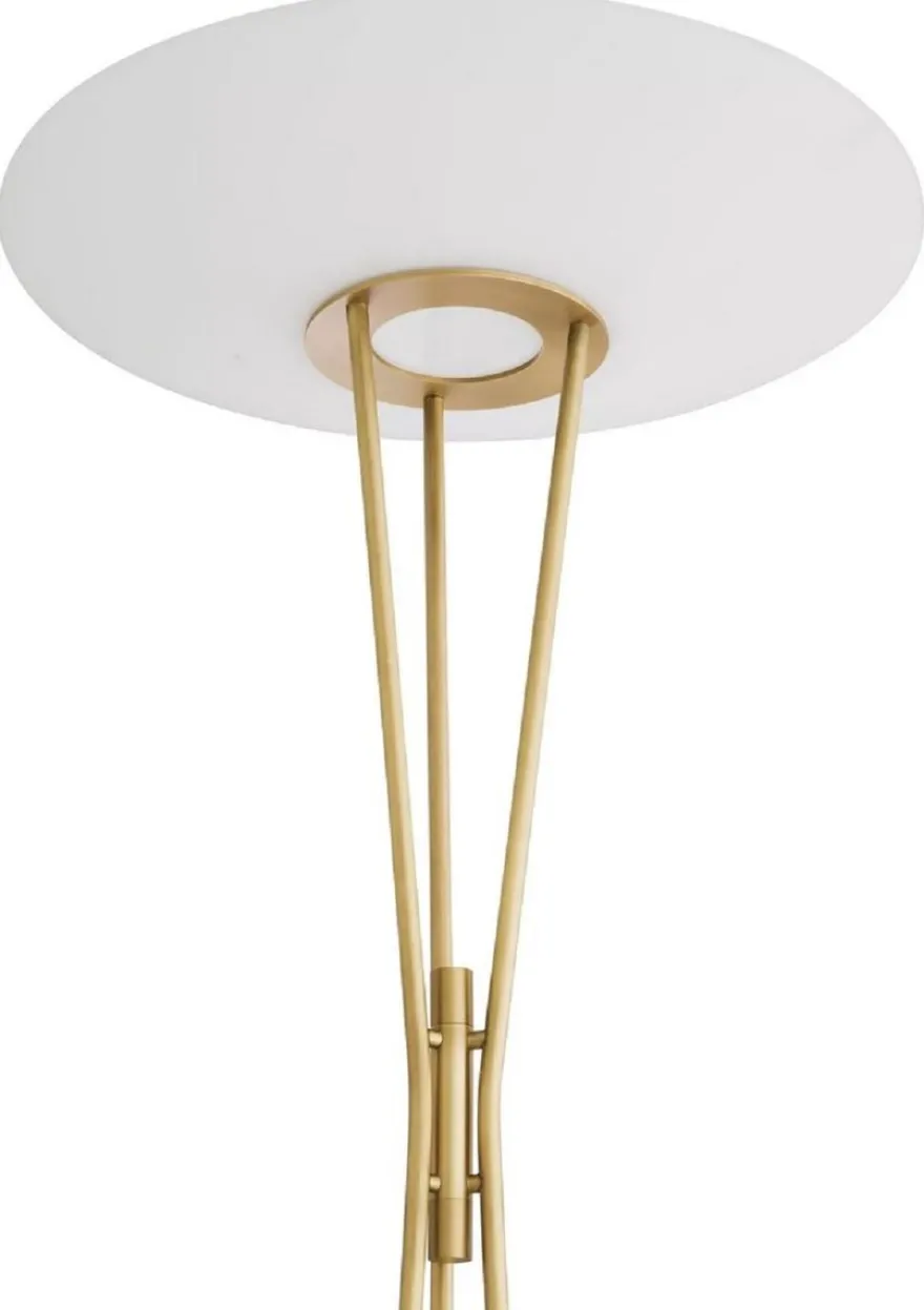 Casa Padrino Luxus Stehleuchte Antik Messingfarben / Beige / Weiß Ø 70 x H. 185 cm - Moderne Stahl Stahlampe mit Travertin Naturstein Lampenfuß und rundem Glas Lampenschirm - Luxus Kollektion