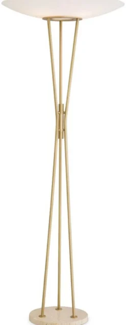 Casa Padrino Luxus Stehleuchte Antik Messingfarben / Beige / Weiß Ø 70 x H. 185 cm - Moderne Stahl Stahlampe mit Travertin Naturstein Lampenfuß und rundem Glas Lampenschirm - Luxus Kollektion