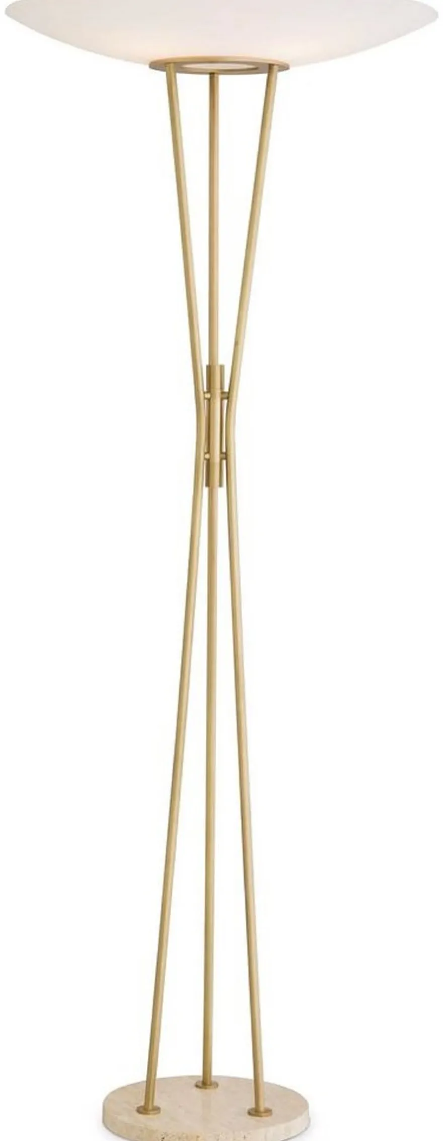Casa Padrino Luxus Stehleuchte Antik Messingfarben / Beige / Weiß Ø 70 x H. 185 cm - Moderne Stahl Stahlampe mit Travertin Naturstein Lampenfuß und rundem Glas Lampenschirm - Luxus Kollektion
