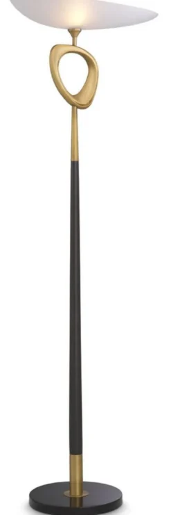Casa Padrino Luxus Stehleuchte Antik Messingfarben / Schwarz / Weiß 61 x 35 x H. 181,5 cm - Messing Stehleuchte mit Glas Lampenschirm und Marmorsockel - Luxus Kollektion
