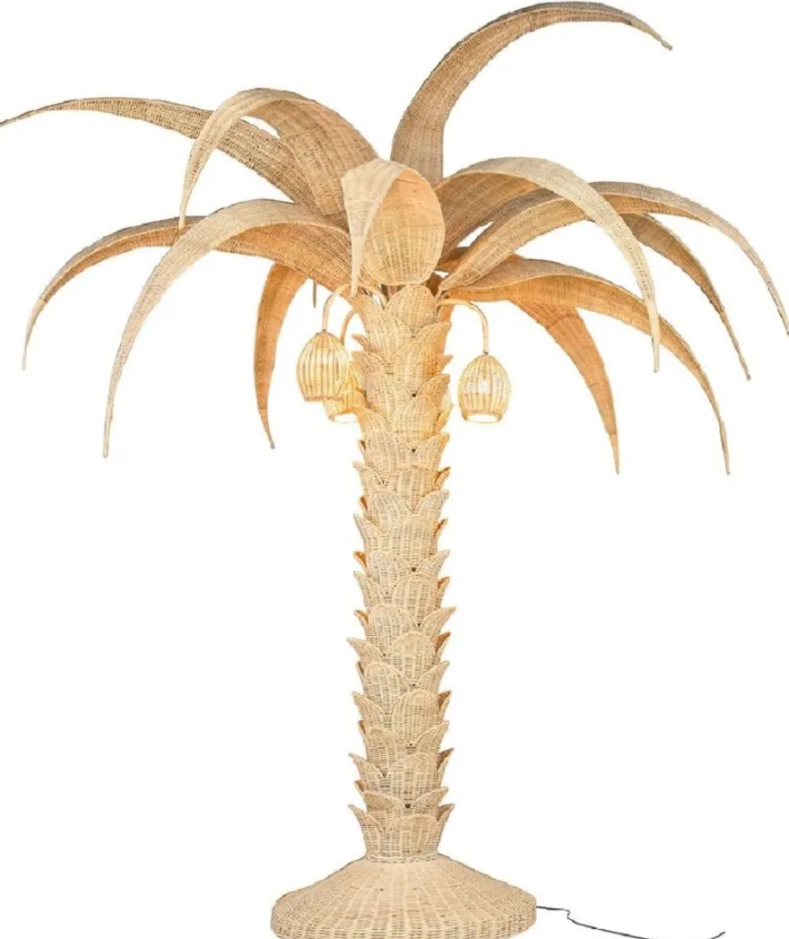 Casa Padrino Luxus Stehleuchte Palme Naturfarben Ø 260 x H. 280 cm - Rattan Stehlampe im Palmen Design - Wohnzimmer Stehleuchte - Luxus Leuchten - Luxus Stehleuchten