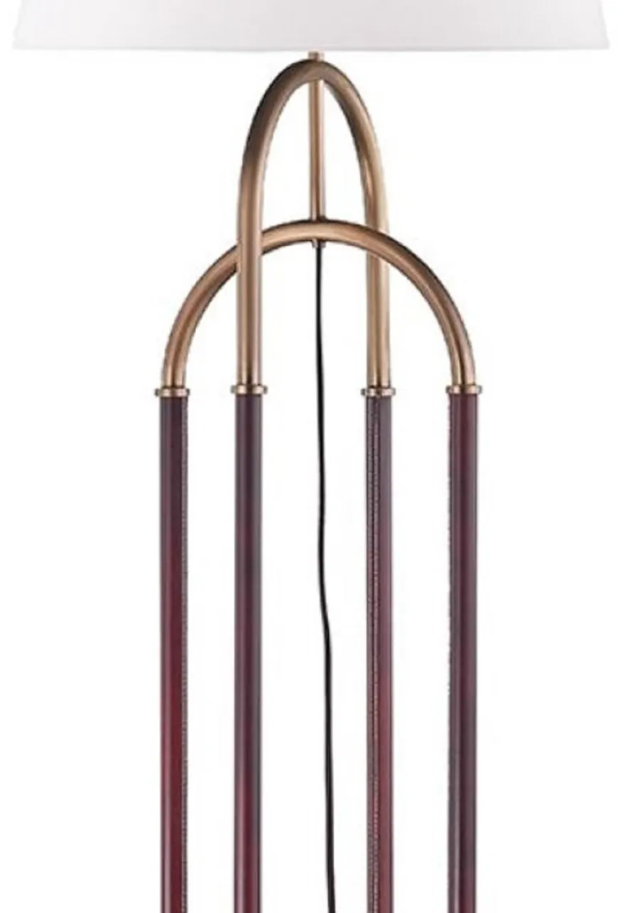 Casa Padrino Luxus Stehleuchte Antik Messingfarben / Braun / Weiß Ø 50,8 x H. 172,7 cm - Edle Metall Leuchte mit hochwertigem Leder und Leinen Lampenschirm - Luxus Qualität