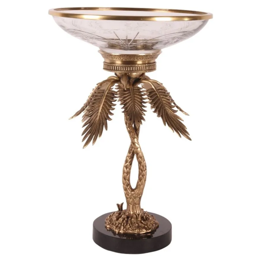 Casa Padrino Luxus Tafelaufsatz Palme Messing / Schwarz Ø 35 x H. 54 cm - Deko Schale auf Palmenfuß