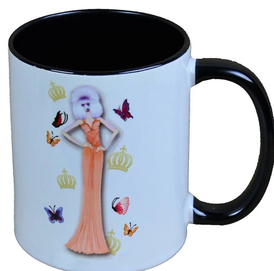 Casa Padrino Luxus Tasse Hund mit orangefarbenem Abendkleid designed by Harald Glööckler 9,5cm x 8,5cm
