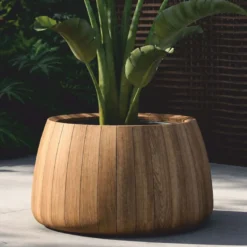 Casa Padrino Luxus Teakholz Blumentopf Naturfarben Ø 90 cm - Runder Pflanzentopf - Garten Deko Accessoires - Terrassen Deko