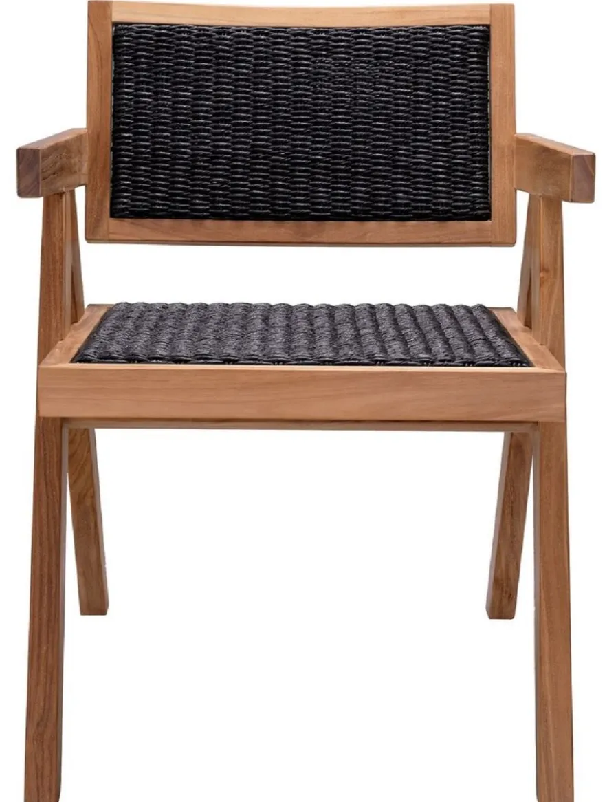 Casa Padrino Luxus Teakholz Esszimmer Stuhl mit Armlehnen Naturfarben / Schwarz 56 x 65,5 x H. 78 cm - Garten Stuhl - Terrassen Stuhl - Garten Möbel - Esszimmer Möbel - Luxus Teakholz Möbel