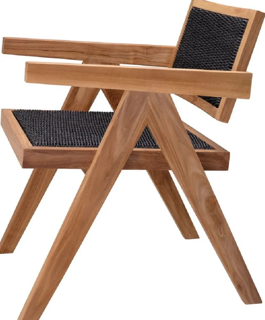 Casa Padrino Luxus Teakholz Esszimmer Stuhl mit Armlehnen Naturfarben / Schwarz 56 x 65,5 x H. 78 cm - Garten Stuhl - Terrassen Stuhl - Garten Möbel - Esszimmer Möbel - Luxus Teakholz Möbel