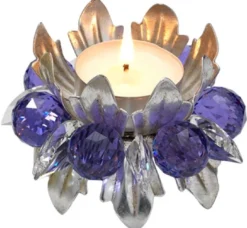 Casa Padrino Luxus Teelichthalter mit Swarovski Kristallglas Silber / Violett Ø 9 x H. 6 cm - Luxus Wohnzimmer Deko Accessoires