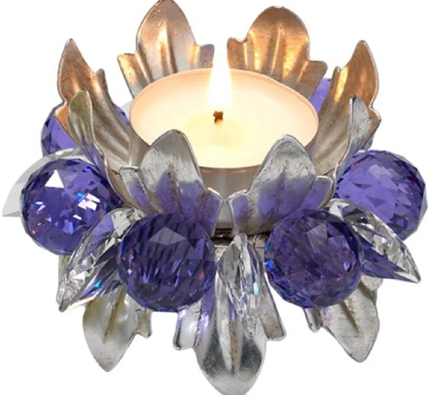 Casa Padrino Luxus Teelichthalter mit Swarovski Kristallglas Silber / Violett Ø 9 x H. 6 cm - Luxus Wohnzimmer Deko Accessoires
