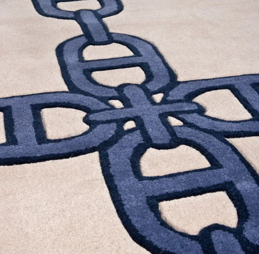 Casa Padrino Luxus Teppich Mäander Muster Blau Creme 300 x 400 cm aus 100% Neuseeland-Wolle