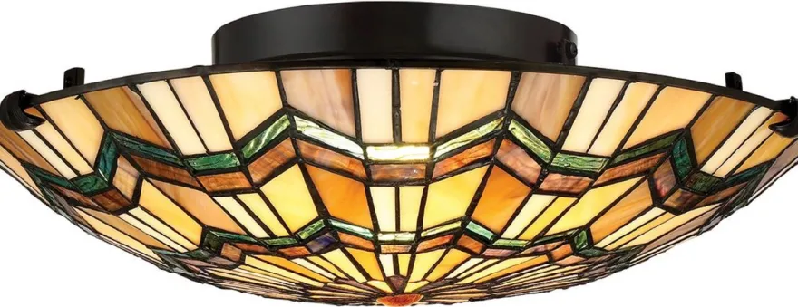Casa Padrino Luxus Tiffany Deckenleuchte Mehrfarbig Ø 42,1 x H. 13,5 cm - Runde Tiffany Lampe mit handgefertigtem Glas Lampenschirm