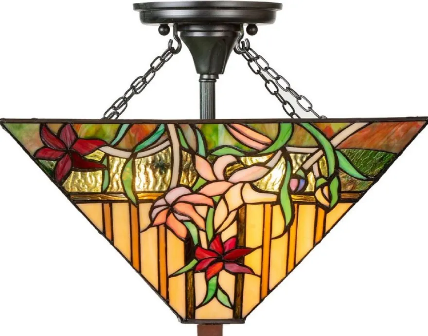 Casa Padrino Luxus Tiffany Deckenleuchte Mehrfarbig 40 x 40 x H. 34 cm - Tiffany Lampe mit handgefertigtem Glas Lampenschirm
