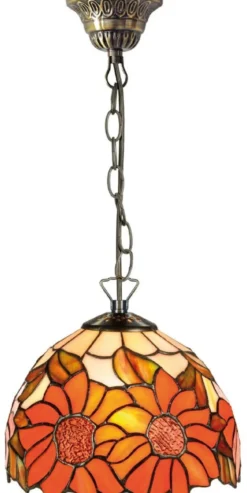 Casa Padrino Luxus Tiffany Hängeleuchte Sonnenblumen Orange / Mehrfarbig Ø 20 x H. 78 cm - Handgefertigte Pendelleuchte aus 135 Teilen