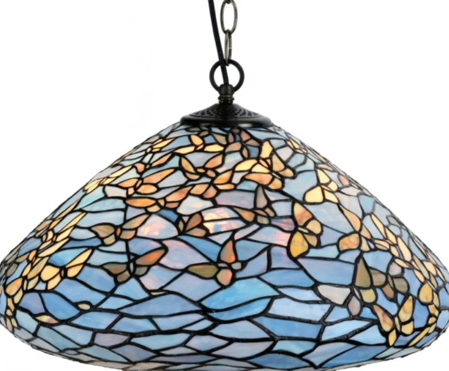 Casa Padrino Luxus Tiffany Hängeleuchte Schmetterlinge Blau / Mehrfarbig Ø 50 x H. 135 cm - Hängelampe aus zahlreichen Glas Mosaik Stücken