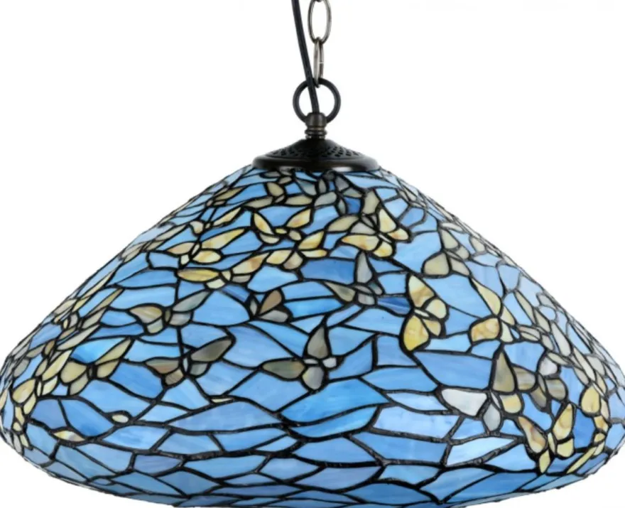 Casa Padrino Luxus Tiffany Hängeleuchte Schmetterlinge Blau / Mehrfarbig Ø 50 x H. 135 cm - Hängelampe aus zahlreichen Glas Mosaik Stücken