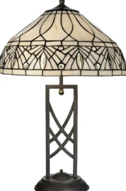 Casa Padrino Luxus Tiffany Tischleuchte Weiß / Schwarz Ø 40 x H. 61 cm - Elegante Schreibtischleuchte - Deko Accessoires