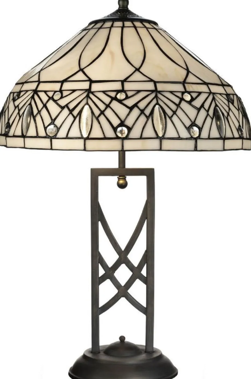 Casa Padrino Luxus Tiffany Tischleuchte Weiß / Schwarz Ø 40 x H. 61 cm - Elegante Schreibtischleuchte - Deko Accessoires