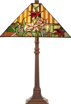 Casa Padrino Luxus Tiffany Tischleuchte mit Blumendesign Braun / Mehrfarbig 40 x 40 x H. 62 cm - Tiffany Lampe mit handgefertigtem Glas Lampenschirm