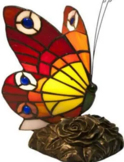 Casa Padrino Luxus Tiffany Tischleuchte Schmetterling Rot / Mehrfarbig 17 x 17 x H. 23 cm - Tiffany Schreibtischleuchte - Luxus Interior - Luxus Art Deco Leuchten - Tiffany Leuchten