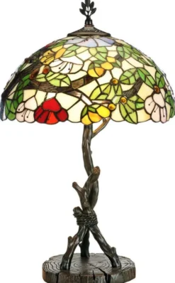 Casa Padrino Luxus Tiffany Tischleuchte Mehrfarbig / Schwarz Ø 40 x H. 62 cm - Runde Tiffany Schreibtischleuchte - Wohnzimmer Deko Leuchte - Scheibtisch Deko Leuchte - Luxus Tiffany Leuchten