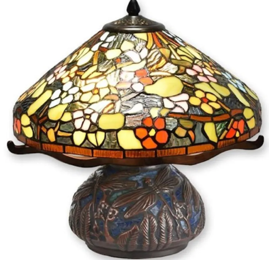 Casa Padrino Luxus Tiffany Tischleuchte Mehrfarbig / Braun Ø 42,3 x H. 40 cm - Runde Tiffany Schreibtischleuchte - Luxus Interior - Luxus Leuchten - Tiffany Leuchten