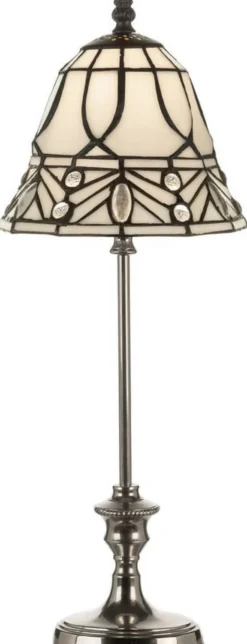 Casa Padrino Luxus Tiffany Tischleuchte Weiß / Schwarz / Silber Ø 18 x H. 49 cm - Elegante Schreibtischleuchte - Deko Accessoires