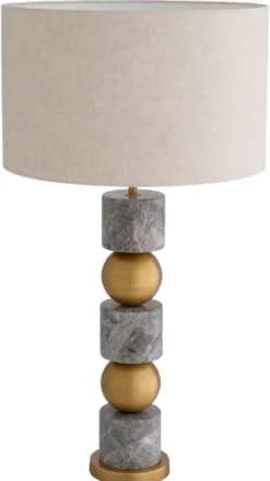 Casa Padrino Luxus Tischleuchte Antik Messing / Grau / Creme Ø 50 x H. 92,5 cm - Schreibtischleuchte mit rundem Lampenschirm - Luxus Tischleuchten - Luxus Schreibtischleuchten - Luxus Leuchten