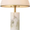 Casa Padrino Luxus Tischleuchte Alabaster / Antik Messingfarben / Weiß Ø 39,5 x H. 65 cm - Moderne Alabaster Schreibtschleuchte mit Glas Lampenschirm - Luxus Kollektion