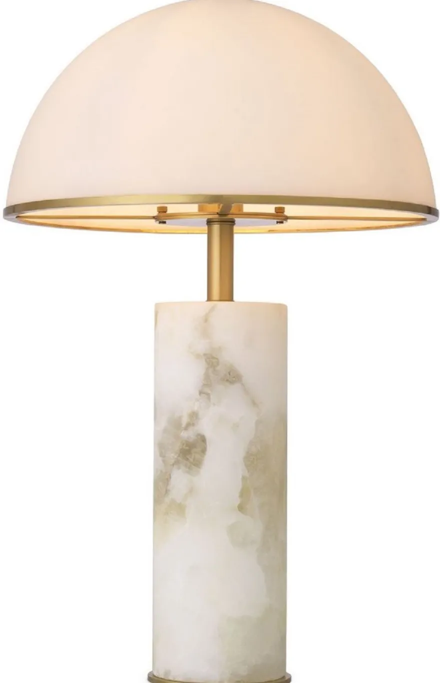 Casa Padrino Luxus Tischleuchte Alabaster / Antik Messingfarben / Weiß Ø 39,5 x H. 65 cm - Moderne Alabaster Schreibtschleuchte mit Glas Lampenschirm - Luxus Kollektion