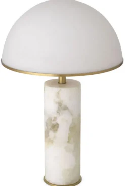 Casa Padrino Luxus Tischleuchte Alabaster / Antik Messingfarben / Weiß Ø 39,5 x H. 65 cm - Moderne Alabaster Schreibtschleuchte mit Glas Lampenschirm - Luxus Kollektion