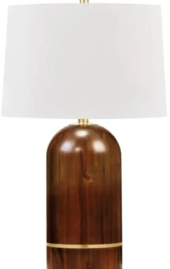 Casa Padrino Luxus Tischleuchte Braun / Antik Messing / Weiß Ø 40,6 x H. 66 cm - Elegante Massivholz Tischlampe mit rundem Leinen Lampenschirm