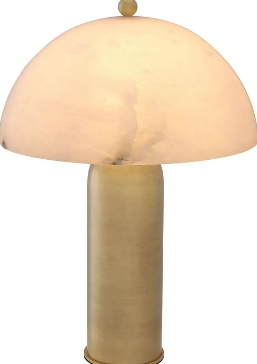 Casa Padrino Luxus Tischleuchte Antik Messing / Alabaster Ø 39,5 x H. 58 cm - Runde Metall Schreibtschleuchte mit Alabaster Lampenschirm - Luxus Leuchten - Luxus Möbel - Luxus Interior