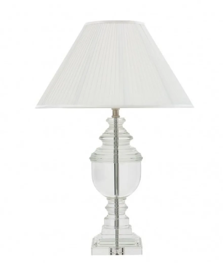 Casa Padrino Luxus Tischleuchte in Nickel mit Kristallglas, Weißer Lampenschirm, Durchmesser 18 cm, Höhe 66 cm