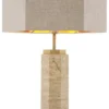 Casa Padrino Luxus Tischleuchte Beige / Antik Messing / Grau 46 x 46 x H. 84,5 cm - Travertin Schreibtischleuchte mit sechseckigem Lampenschirm - Luxus Tischleuchten - Luxus Schreibtischleuchten