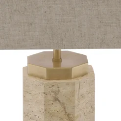 Casa Padrino Luxus Tischleuchte Beige / Antik Messing / Grau 46 x 46 x H. 84,5 cm - Travertin Schreibtischleuchte mit sechseckigem Lampenschirm - Luxus Tischleuchten - Luxus Schreibtischleuchten
