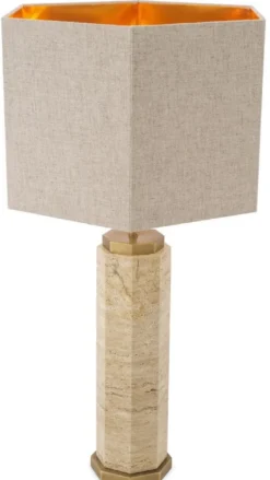 Casa Padrino Luxus Tischleuchte Beige / Antik Messing / Grau 46 x 46 x H. 84,5 cm - Travertin Schreibtischleuchte mit sechseckigem Lampenschirm - Luxus Tischleuchten - Luxus Schreibtischleuchten