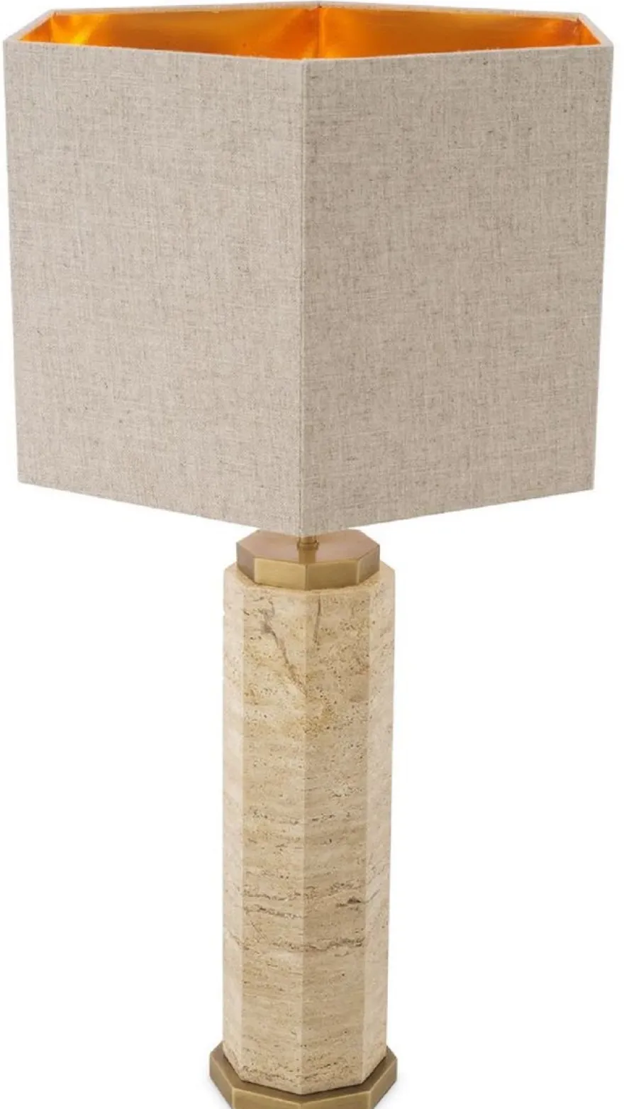 Casa Padrino Luxus Tischleuchte Beige / Antik Messing / Grau 46 x 46 x H. 84,5 cm - Travertin Schreibtischleuchte mit sechseckigem Lampenschirm - Luxus Tischleuchten - Luxus Schreibtischleuchten