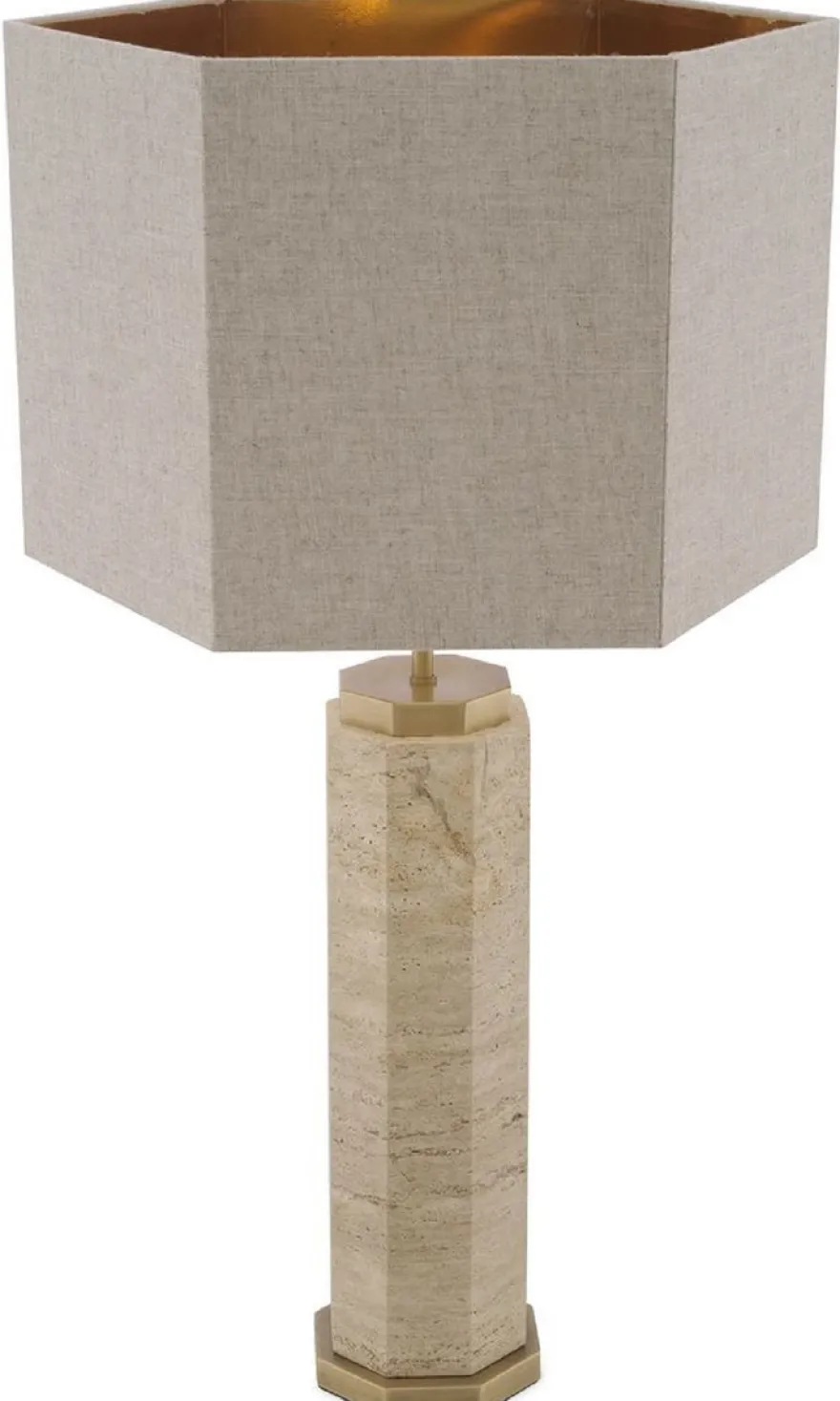 Casa Padrino Luxus Tischleuchte Beige / Antik Messing / Grau 46 x 46 x H. 84,5 cm - Travertin Schreibtischleuchte mit sechseckigem Lampenschirm - Luxus Tischleuchten - Luxus Schreibtischleuchten