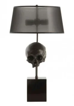 Casa Padrino Luxus Tischleuchte im Antik Messing Design mit Totenkopf Elementen in Schwarz 13 x 35 x H 60-77 cm